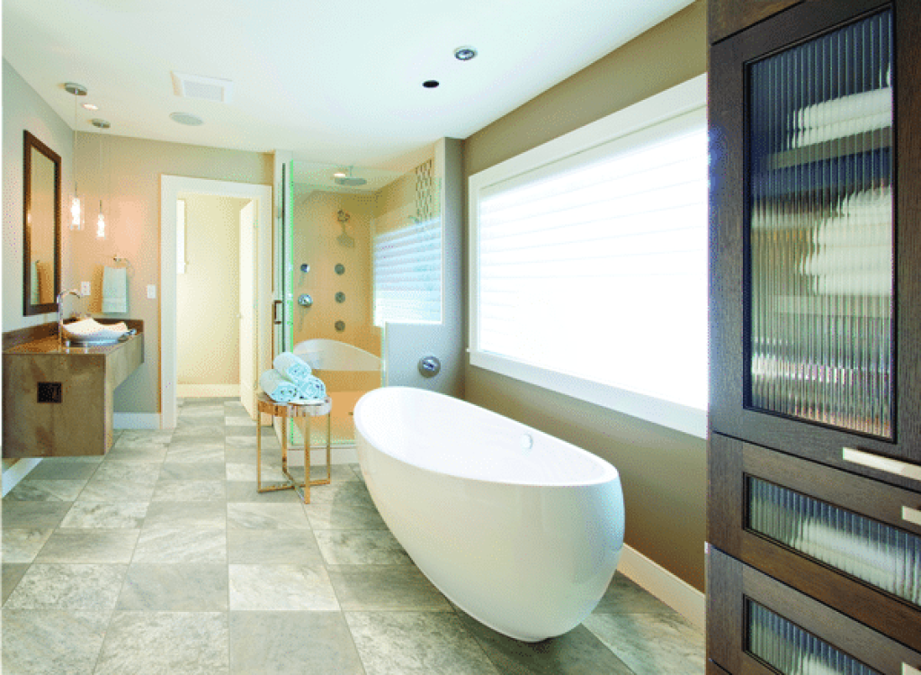 Vinyl 11 A modern bathroom features a white freestanding tub, glass shower, vanity with vessel sink, and dark wood cabinet.